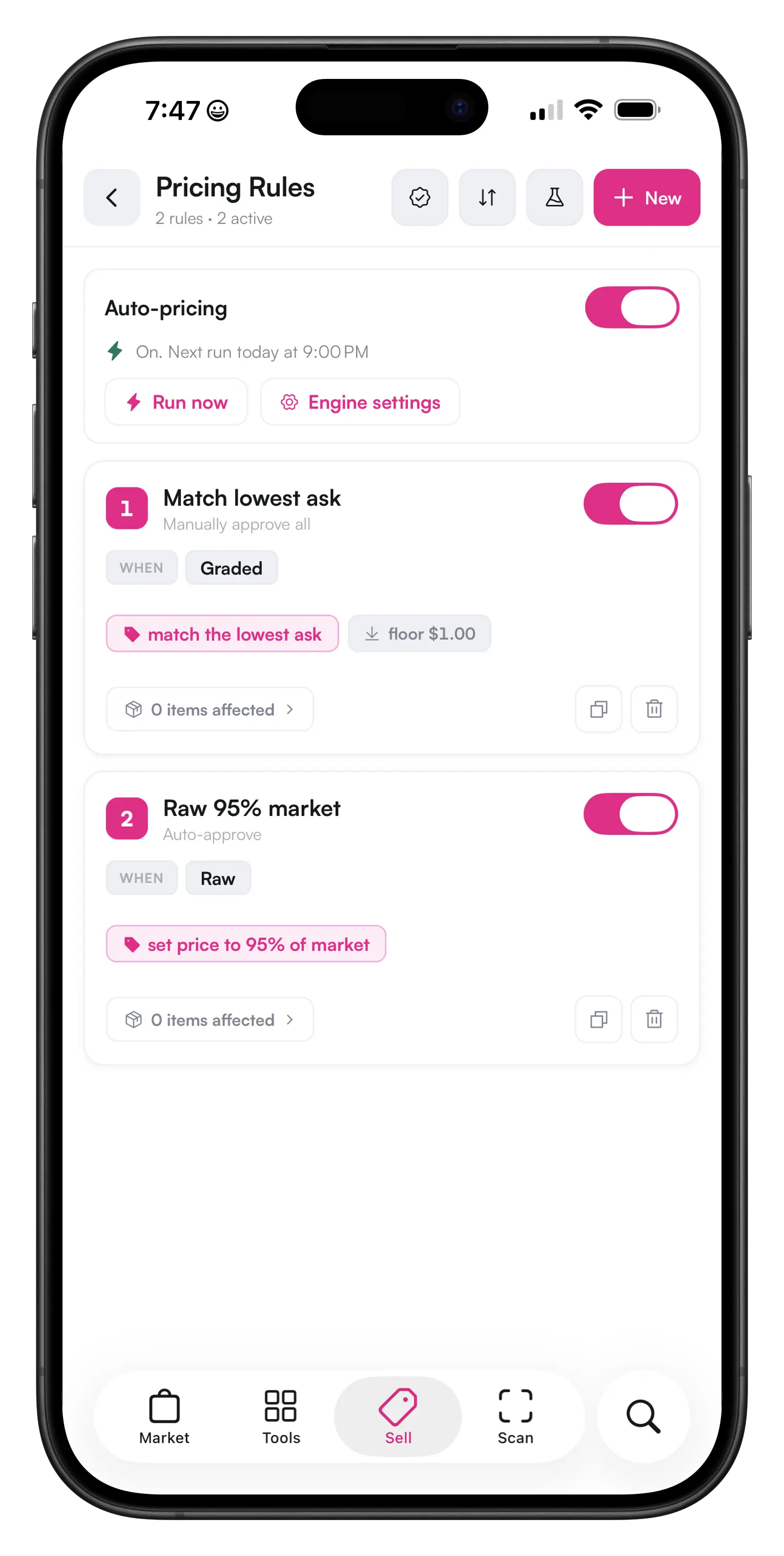 Automated card repricing rules in Vendor Hub