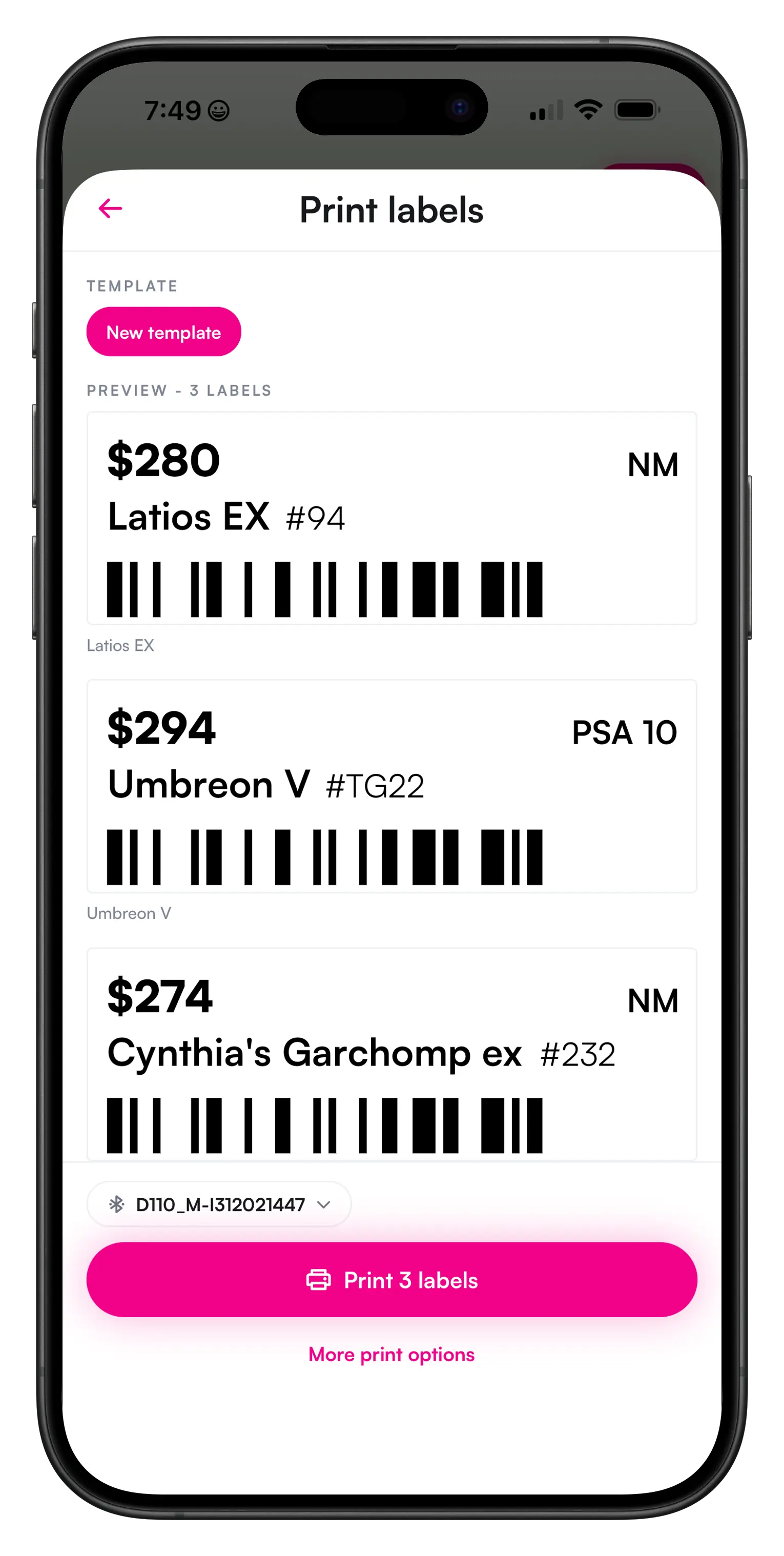 Printing price labels for cards from the Vendor Hub app
