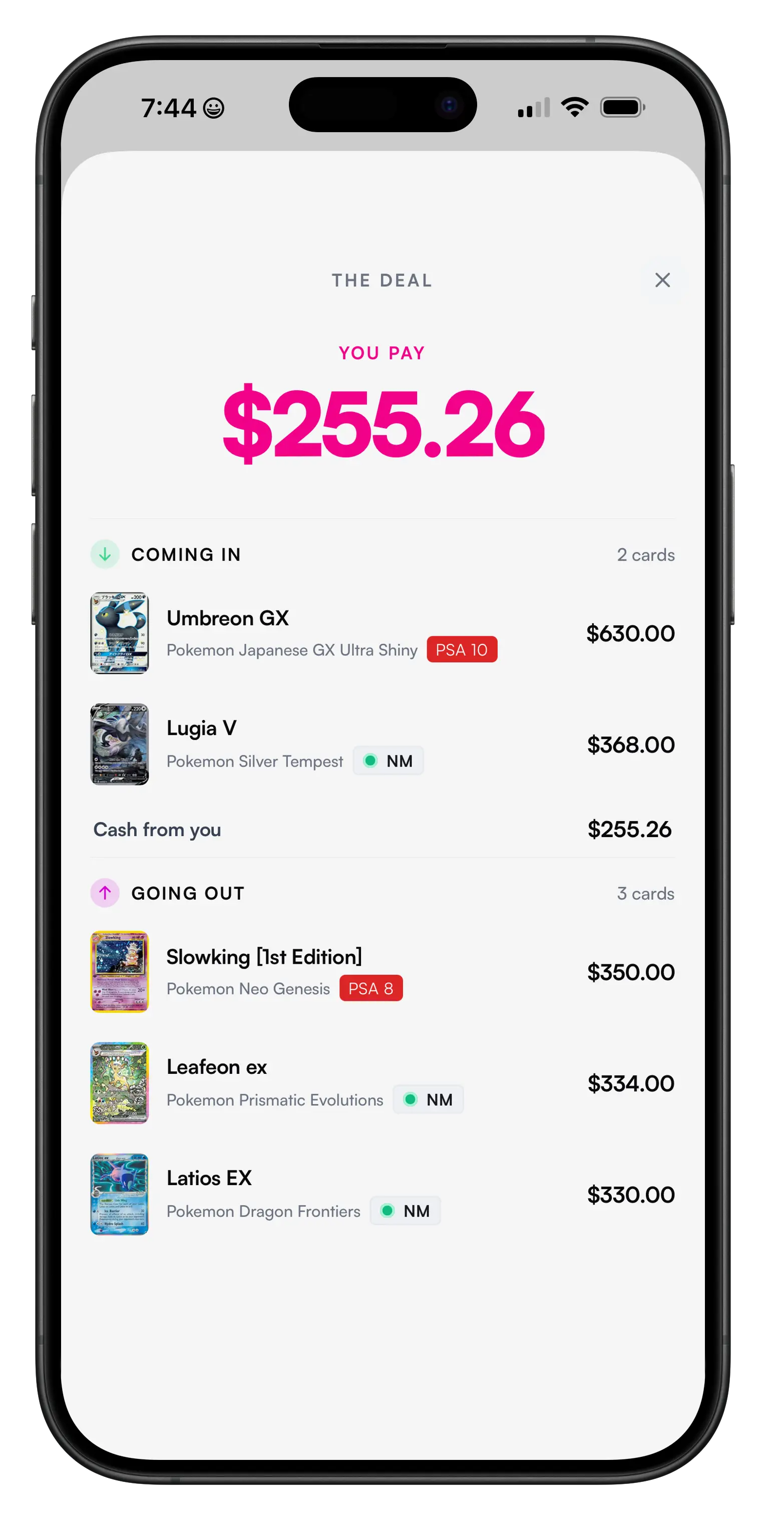Card show deal screen showing an instant comped offer
