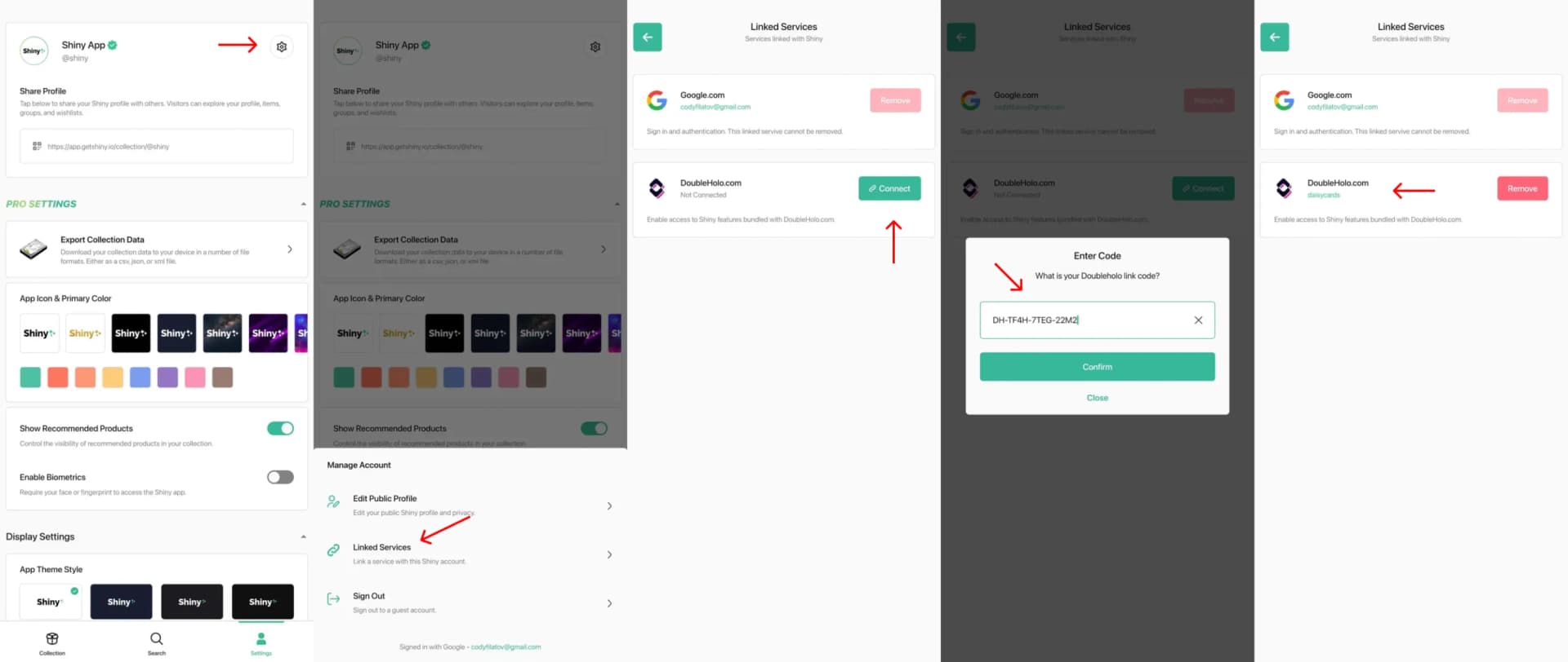 Step-by-step visual guide showing how to link your Double Holo account with Shiny app to activate Shiny Pro subscription